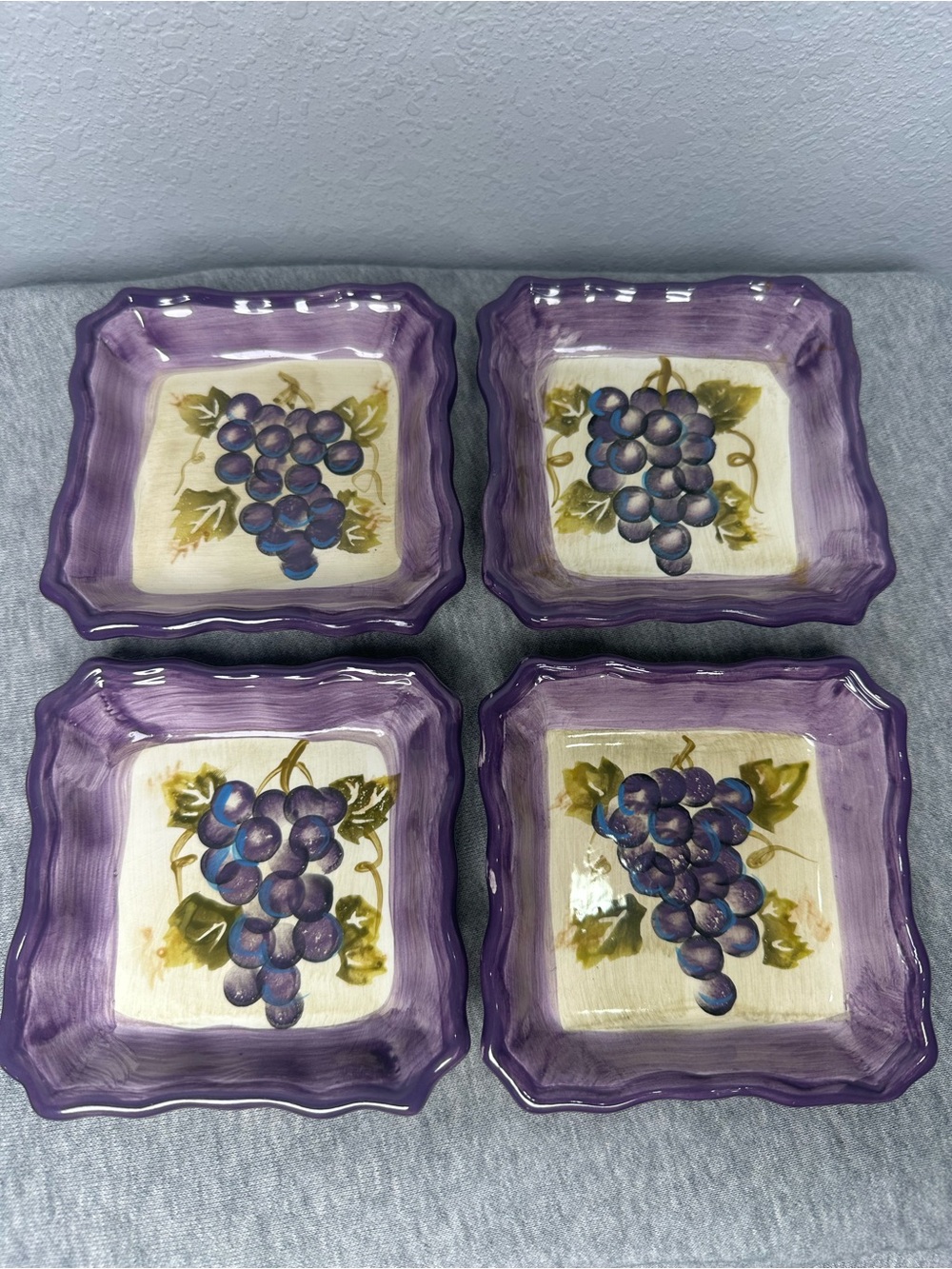 Hand-Painted Grape Ceramic Salad Plates - Purple and Cream Set of 4